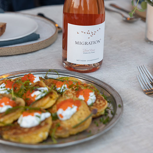 Corn and Scallion Griddle Cakes with Herbed Creme Fraiche and Caviar