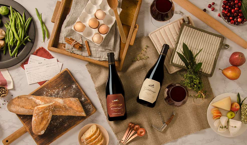 Pinot Noir bottles with food ingredients