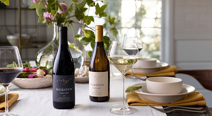 Migration Pinot Noir and chardonnay on a table